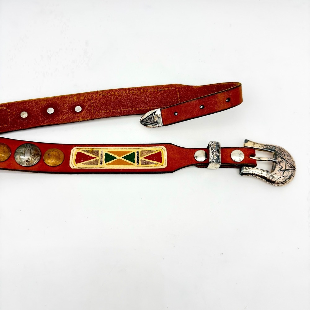 Mens Vintage Western Belt 29-34 Leather Brown Painted Coin Concho‎
